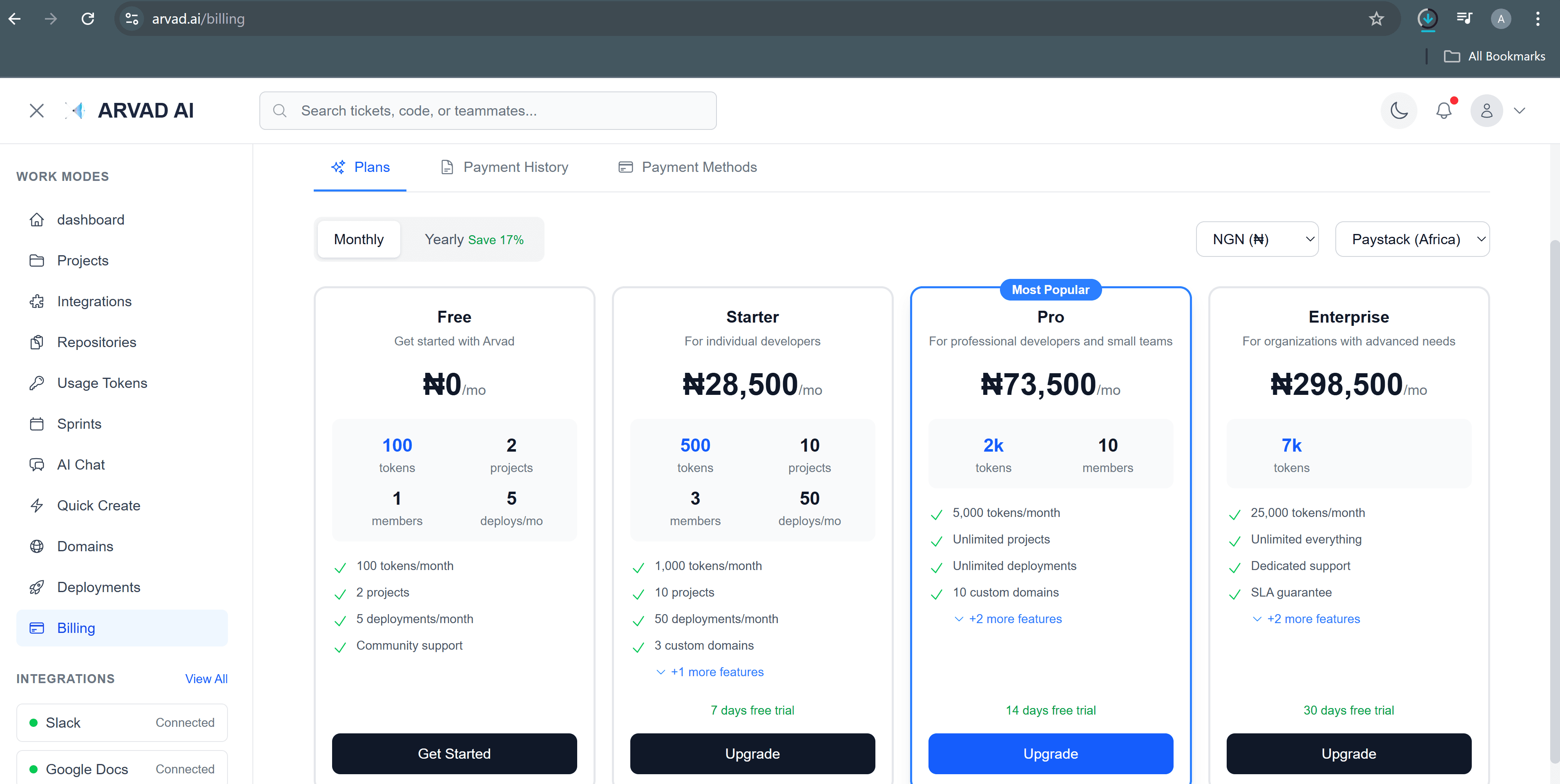 Billing and Subscription Page