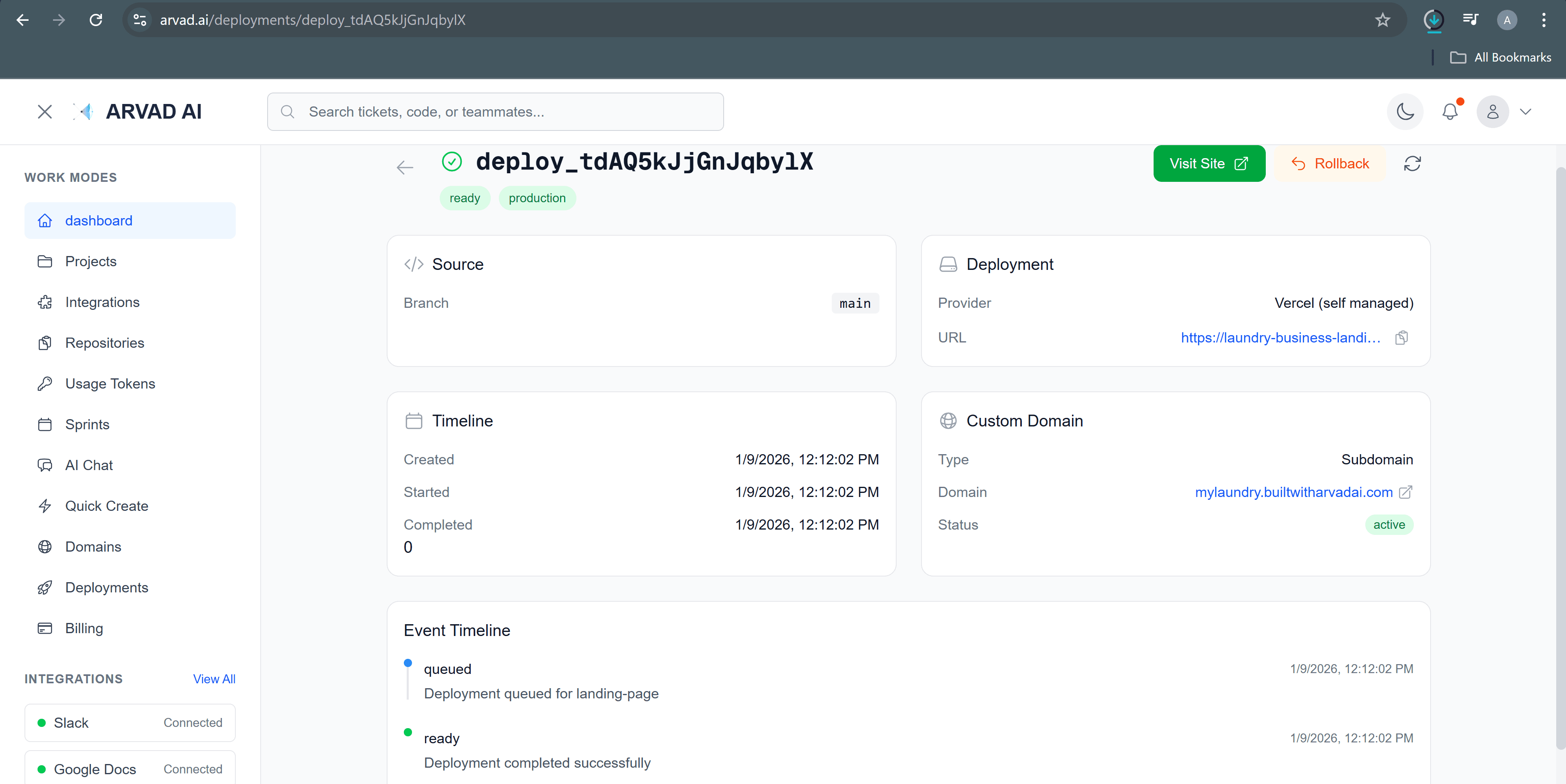 Deployment Details with Rollback Option