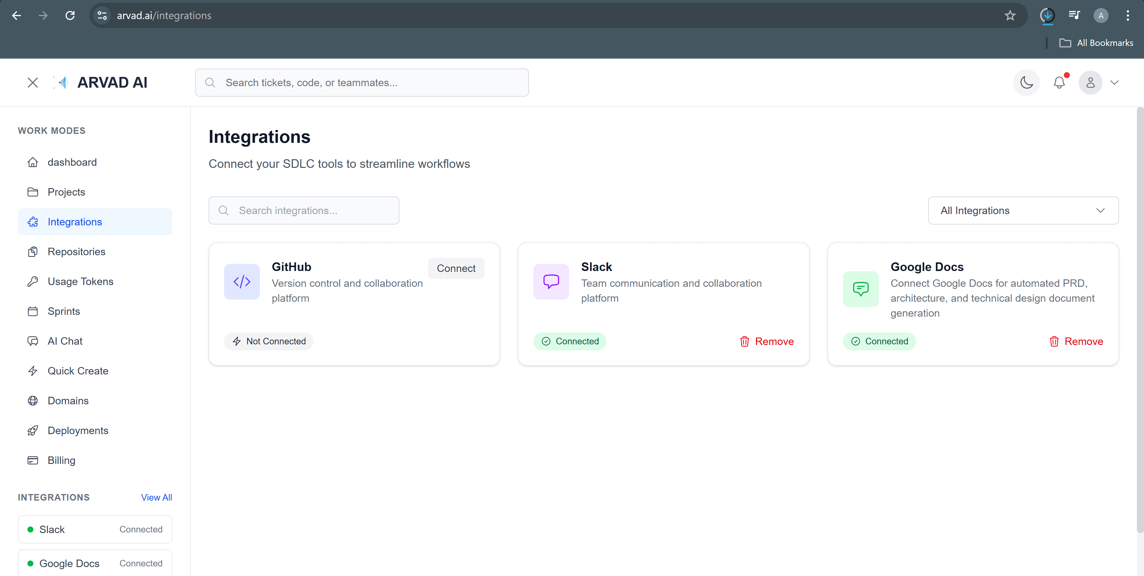 Arvad AI Integrations Page Overview