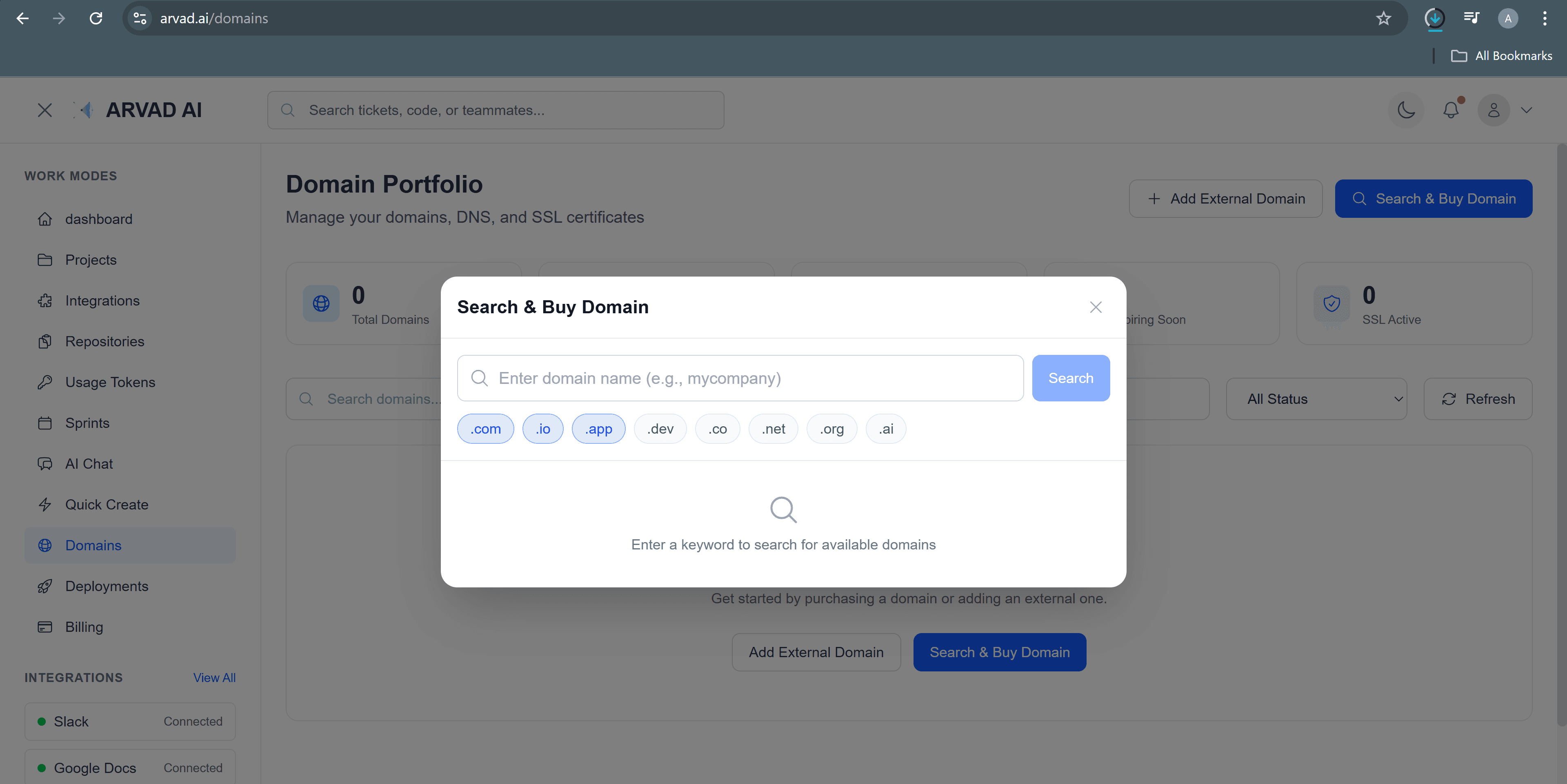 Search and Buy Domain Modal