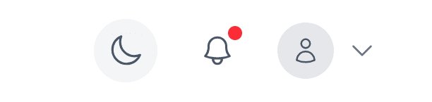 Top menu items showing dark mode toggle, notifications, and profile dropdown