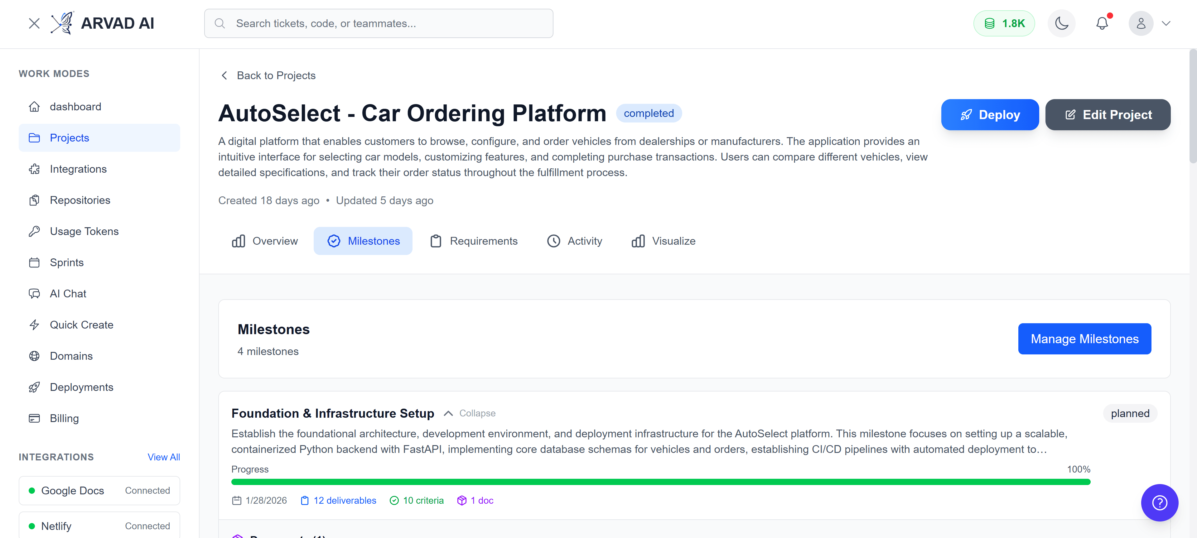 Project Milestones Tab