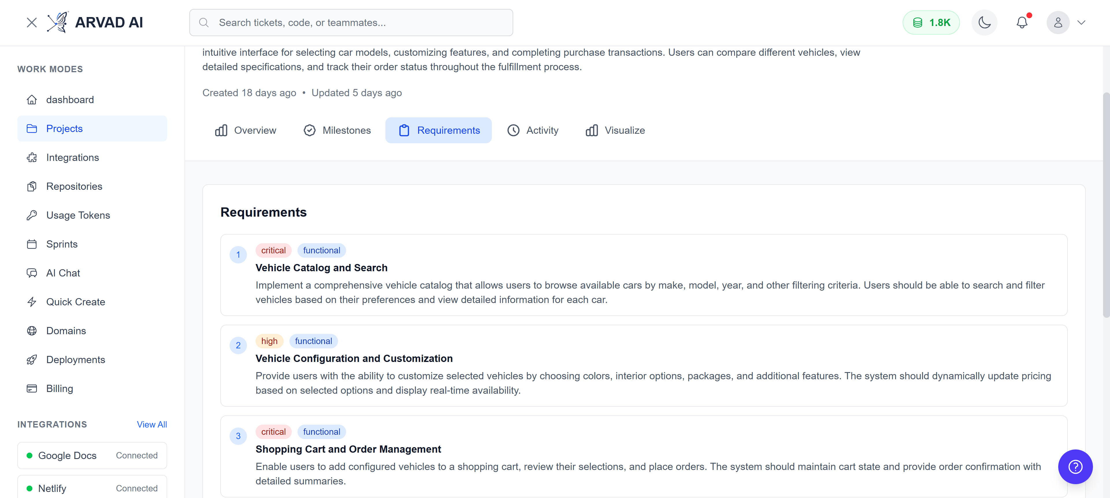 Project Requirements Tab